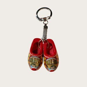 Miniature Wooden Dutch Clog Keychain Keyring Red Souvenir With Scenic Design